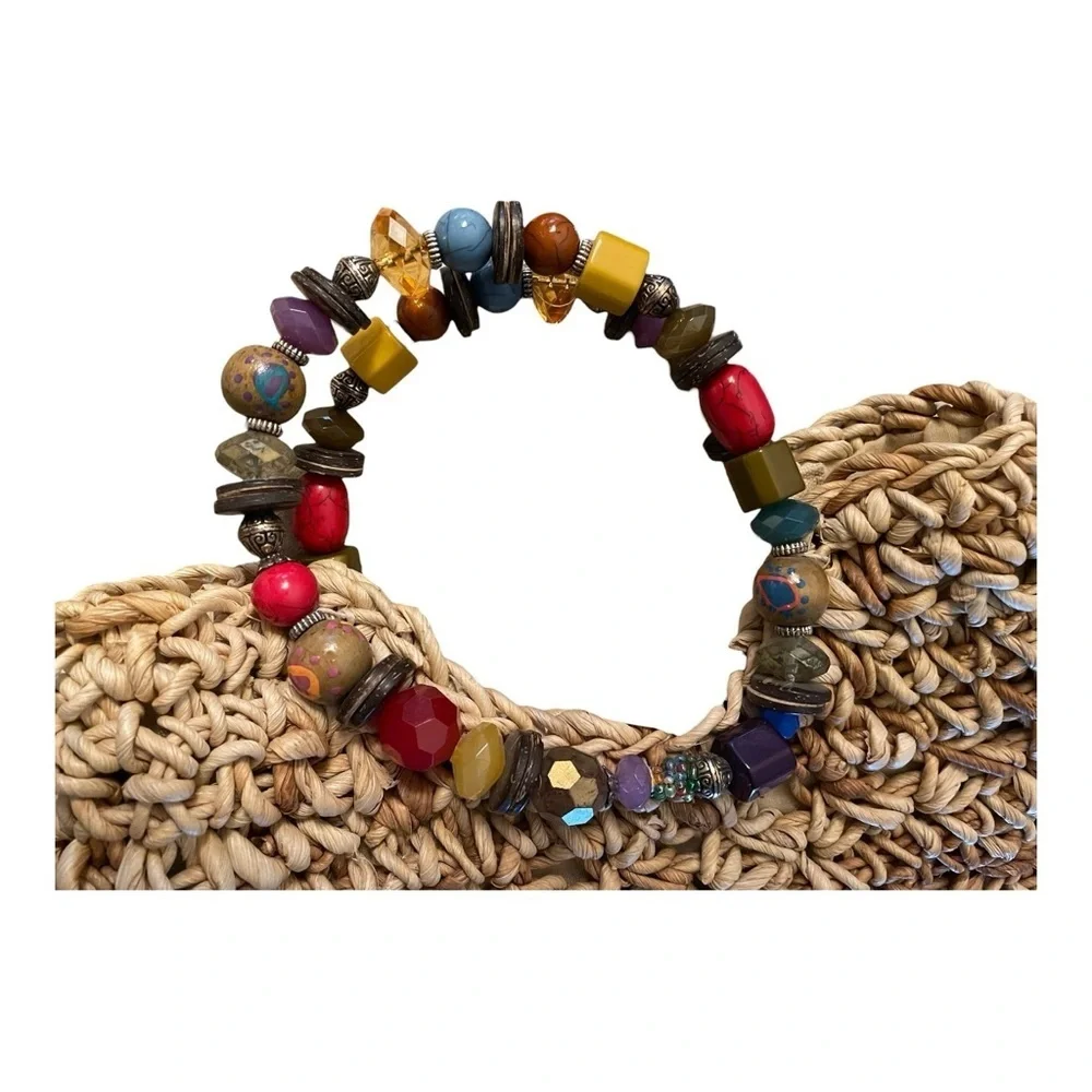 Capelli Strawworld Woven Beige Purse with Bohemian Beaded Handle, Island Living.